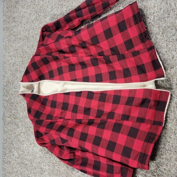 Eddie Bauer Flannel Shirt Jacket Womens Small Red Buffalo Plaid Open Sherpa Line - Picture 8 of 8